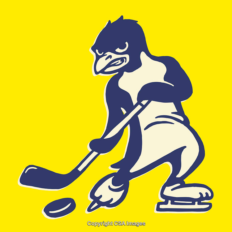 Penguin Hockey Illustration on Bright Yellow Background in Cartoon Style