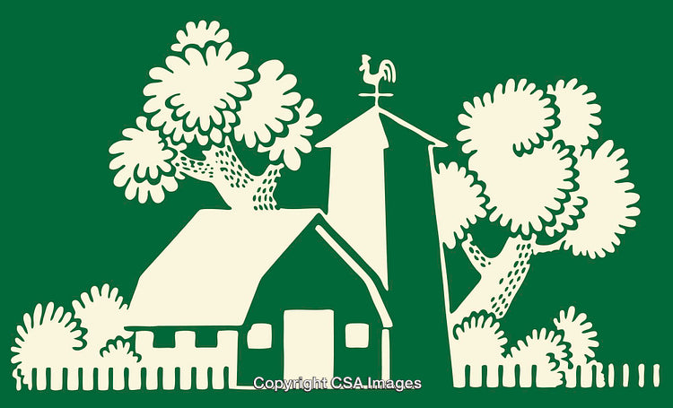 Rustic Farmhouse Line Art with Verdant Tree Background