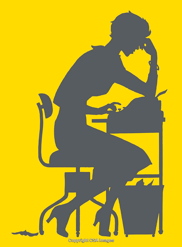 Silhouette of Woman Working at Desk in Yellow Background