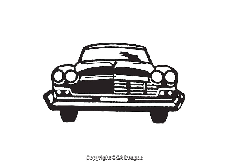 Classic Car Front View: Black and White Line Art Illustration