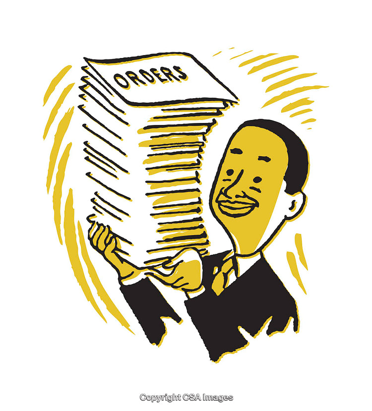 Colorful Illustration of Man Holding Tall Stack of Order Papers