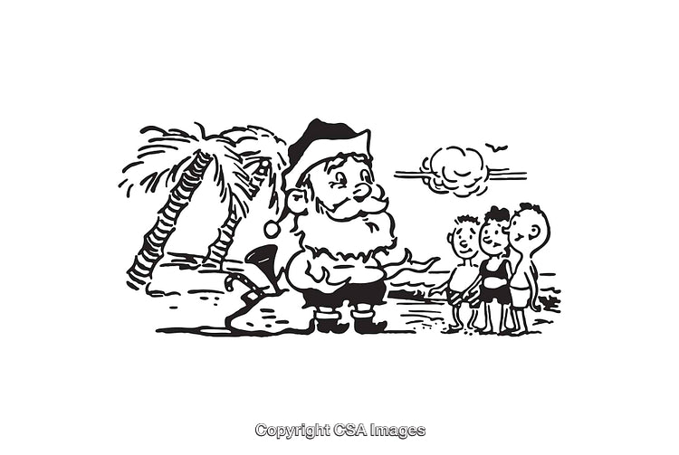 Santa Claus with Children Enjoying a Tropical Beach Scene