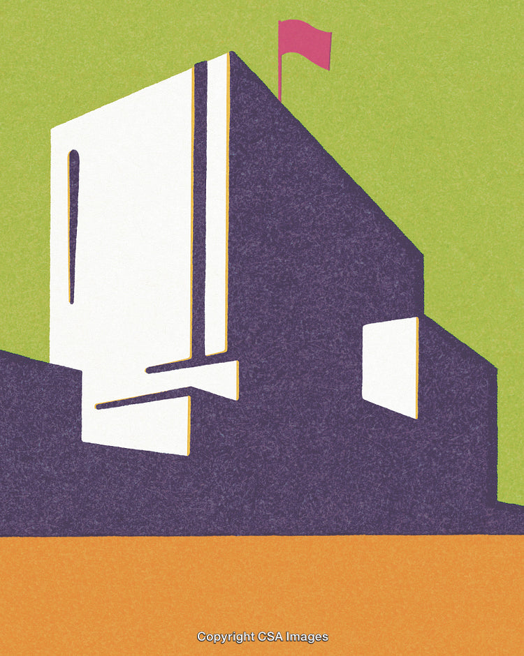 Abstract Stylized Urban Building with Flag in Contemporary Art Style