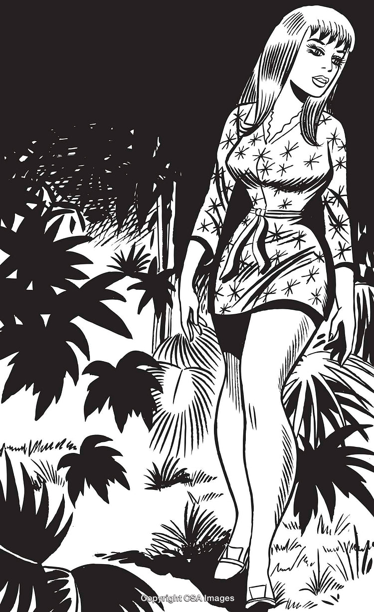 Retro Illustration of Woman in Jungle Setting with Tropical Plants and Bold Lines