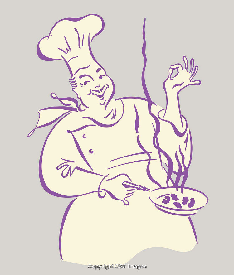 Line Art Illustration of a Happy Chef Cooking Delicious Food