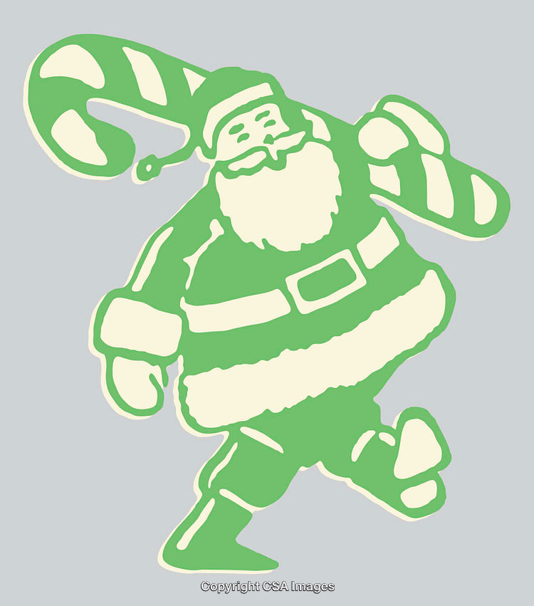 Festive Illustration of Santa Claus Holding a Candy Cane in Green Tones