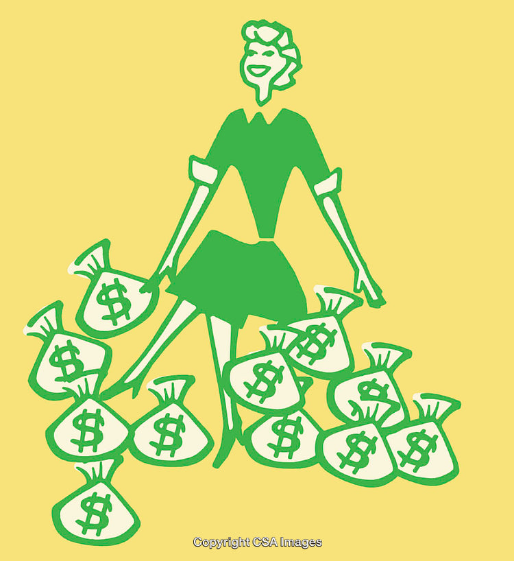 Stylized Illustration of a Woman with Bags of Money in Green and Yellow