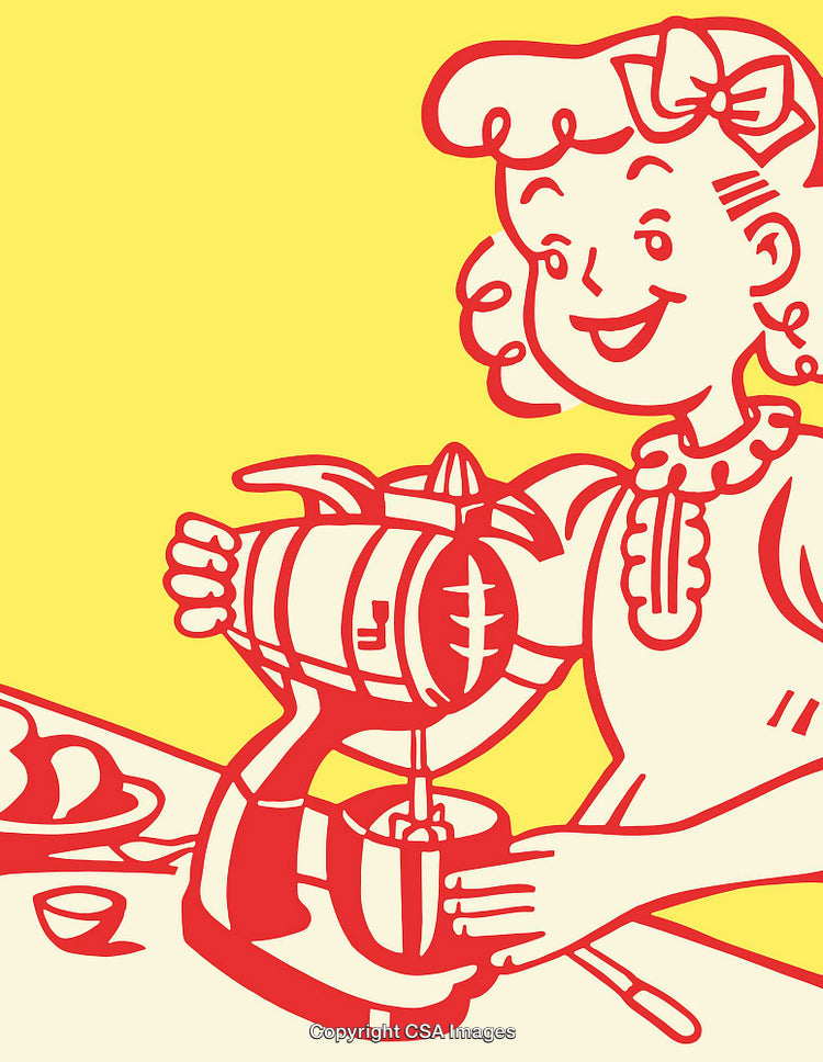 Retro Style Kitchen Illustration Featuring Mixer and Smiling Homemaker