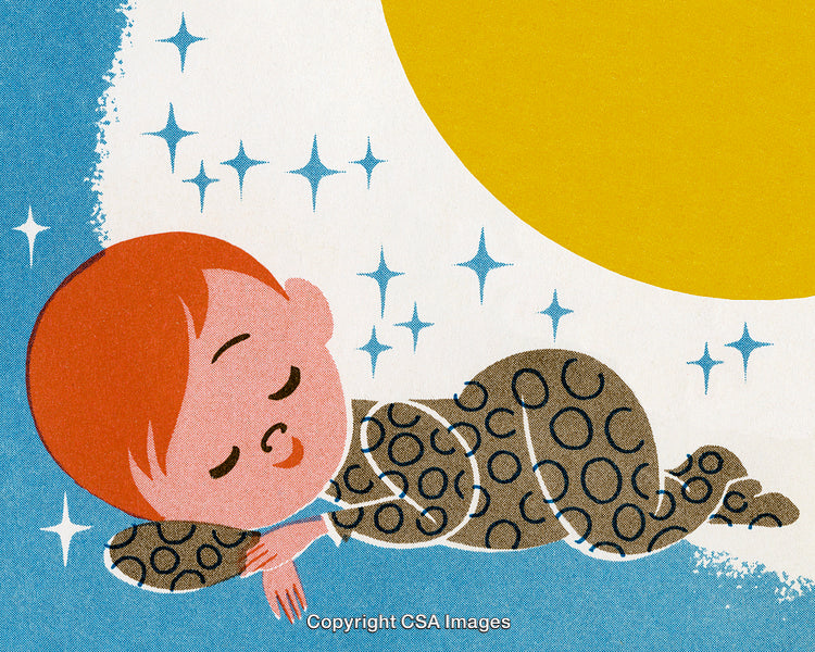 Illustration of a Sleeping Child Under a Bright Sun With Glittering Stars