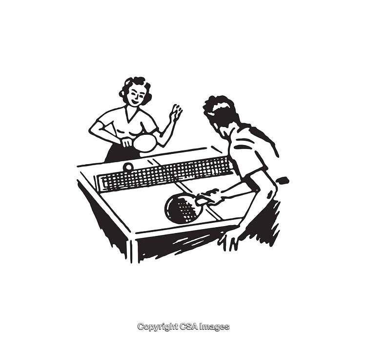 Black and White Line Art of a Friendly Table Tennis Match