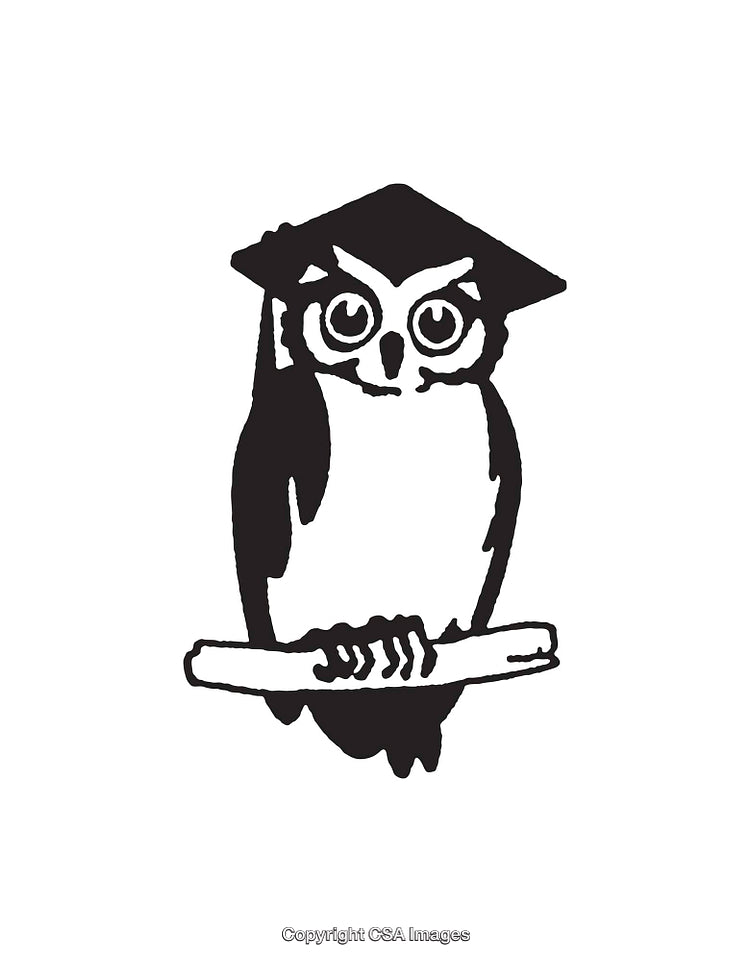 Simple Black and White Illustration of Wise Owl with Graduation Cap
