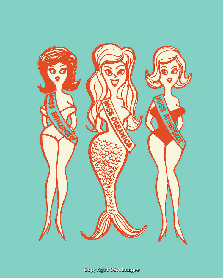 Retro Style Pageant with Mermaid and Elegant Female Contestants Illustrations