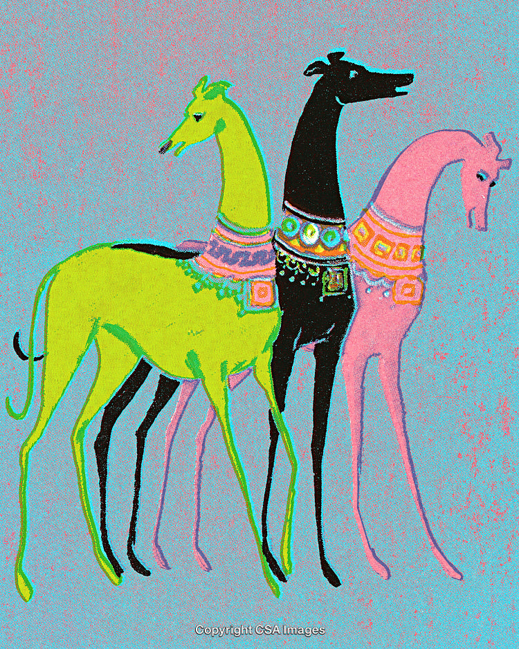 Stylized Illustration of Three Greyhounds in Vibrant Colors and Abstract Background