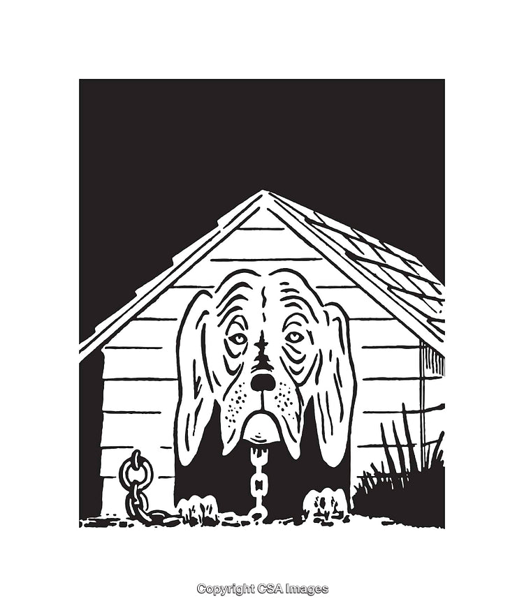 Illustrated Black-and-White Dog Sitting in a Doghouse Drawing with Chain