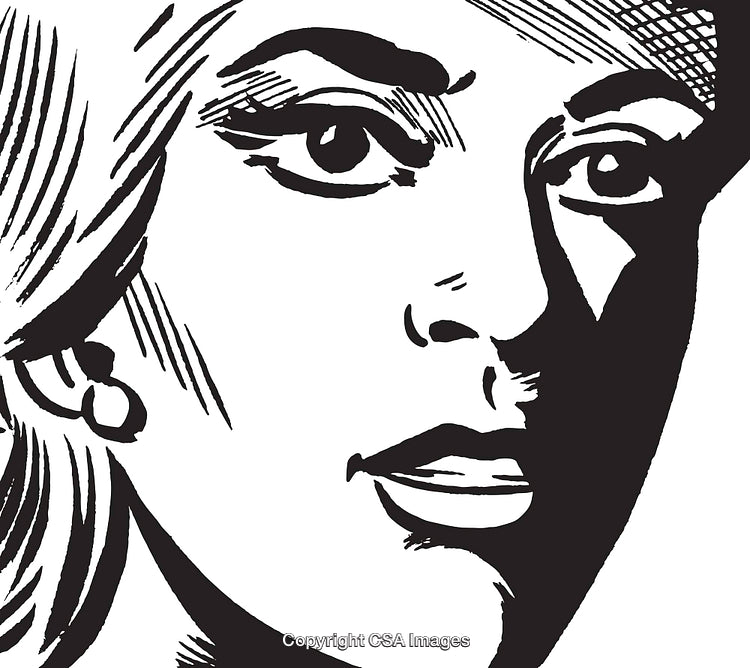 Black and White Retro Comic Style Illustration of a Woman's Face
