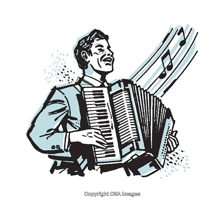 Illustration of a Musician Joyfully Playing an Accordion with Note Accents
