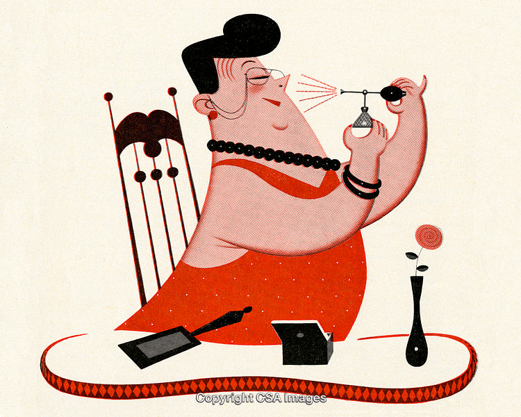 Stylized Illustration of a Woman Applying Perfume in a Retro Art Style