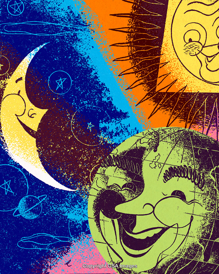 Colorful Illustration of Celestial Bodies with Whimsical Expressions and Cosmic Themes