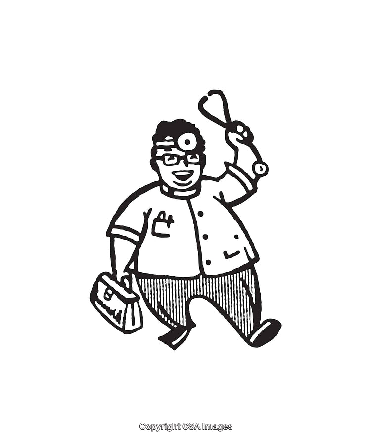 Smiling Cartoon Doctor With Bag and Stethoscope in Black and White Drawing