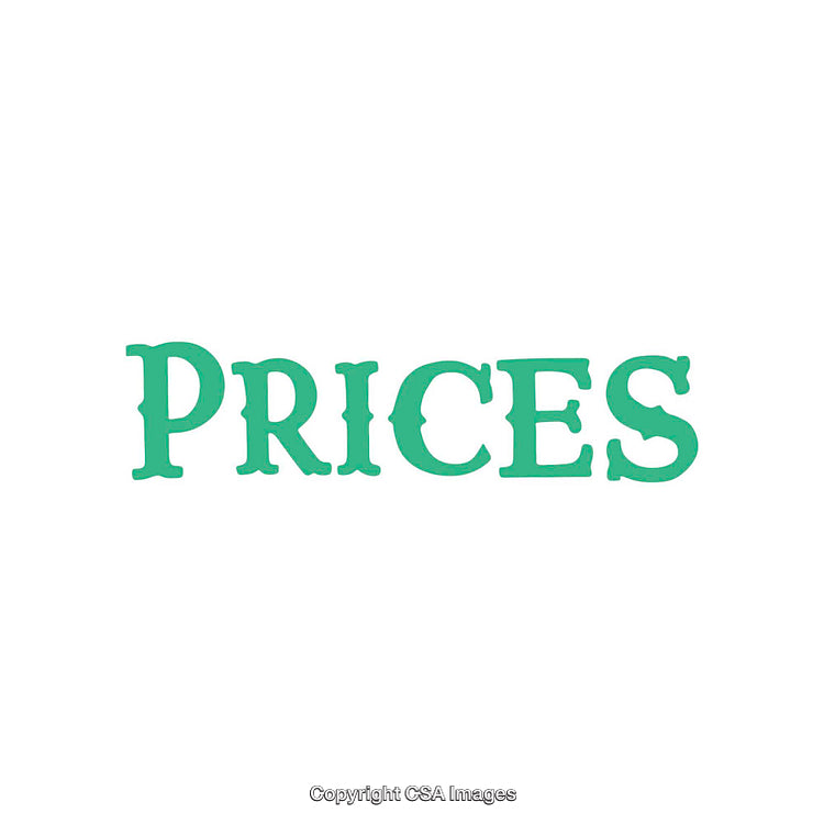Green Text Displaying the Word 'Prices' on a White Background