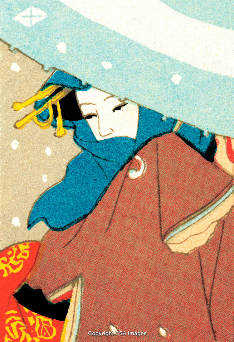 Traditional Japanese Female Character, Vintage Ukiyo-e Style Illustration in Vibrant Colors