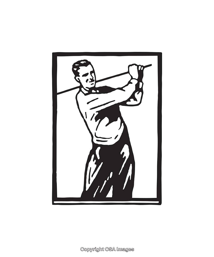 Vintage Line Art Illustration of Man Playing Golf in Black and White