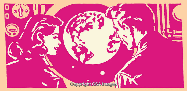 Retro Style Color Illustration of Two People Viewing a Planet Through a Window