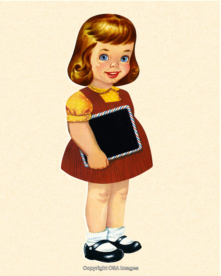 Vintage Illustration of a Schoolgirl Holding a Blackboard with Cheerful Expression