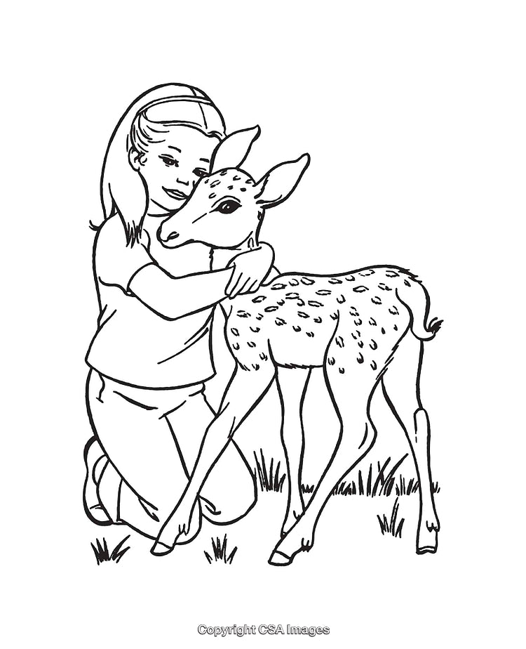 Illustration of Girl Hugging a Fawn in a Natural Setting