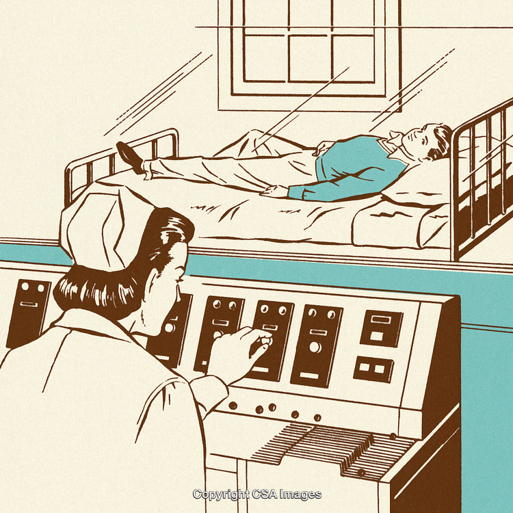 Nurse Operating Control Panel Monitoring Patient In Vintage Medical Setting