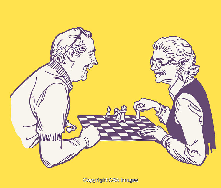 Illustration of Two Seniors Playing Chess on a Bright Yellow Background