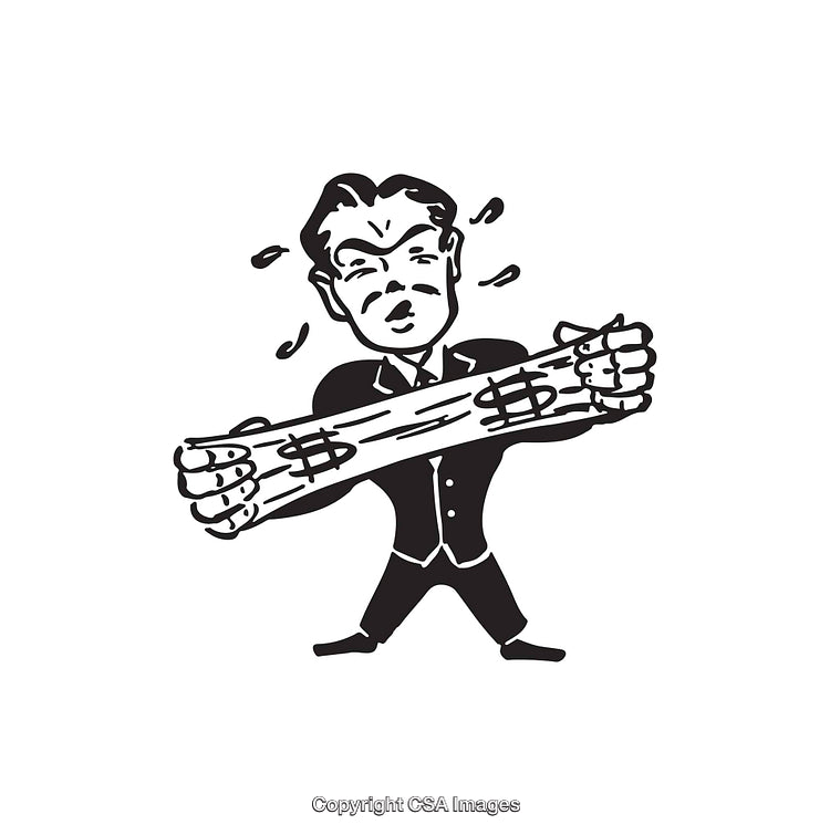 Cartoon Depicting Frustrated Businessman Pulling Stretchable Dollar Symbol