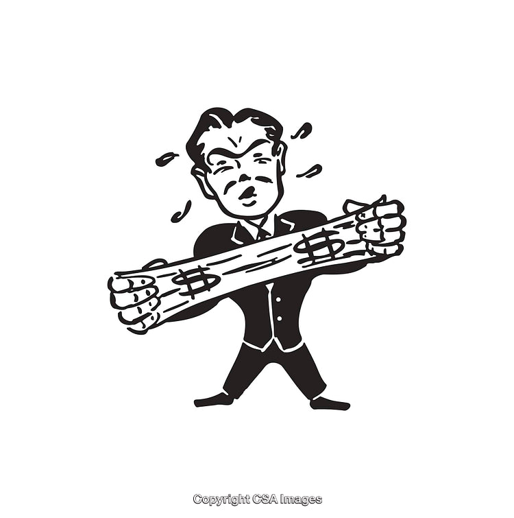 Cartoon Depicting Frustrated Businessman Pulling Stretchable Dollar Symbol
