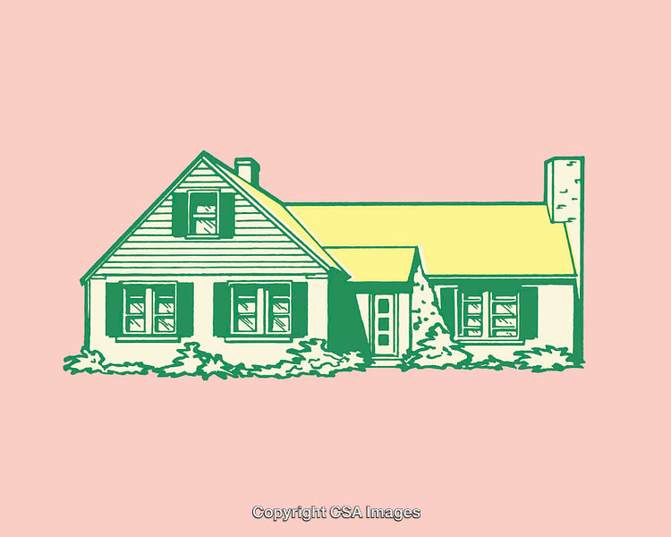 Colorful Line Art Illustration of a Vintage Style Cozy House Drawing