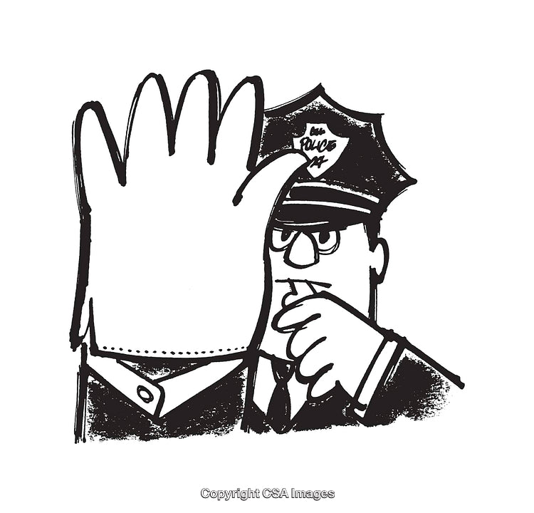 Black And White Line Art Illustration of a Policeman With Hand Gesture