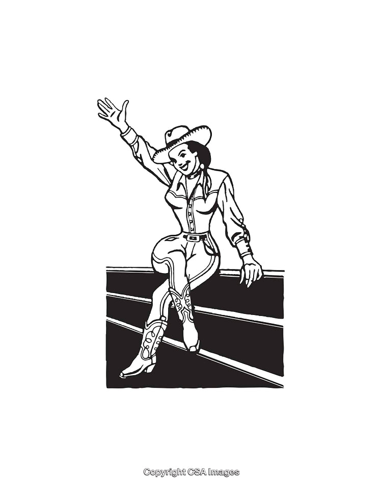 Black and White Line Art of a Cheerful Cowgirl on a Fence