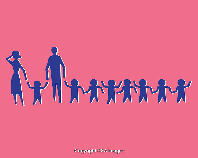 Large Family Illustration with Joyful Children on Vibrant Pink Background