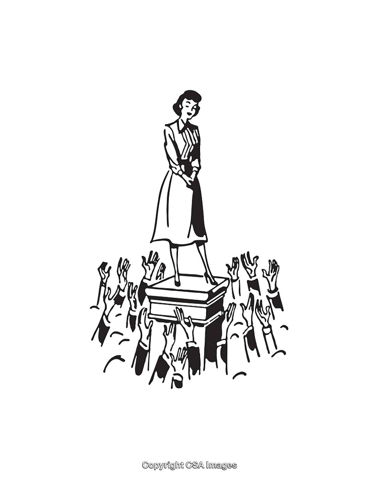 Retro Styled Woman on Platform Surrounded by Reaching Hands