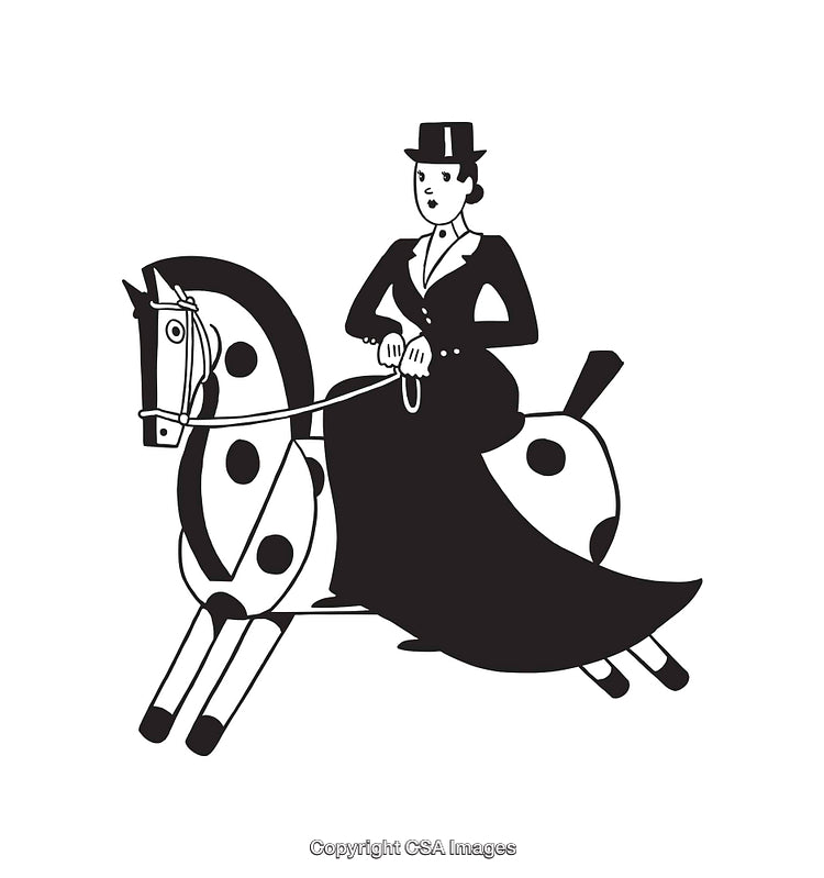 Black and White Illustration of Equestrian Rider in Traditional Side Saddle