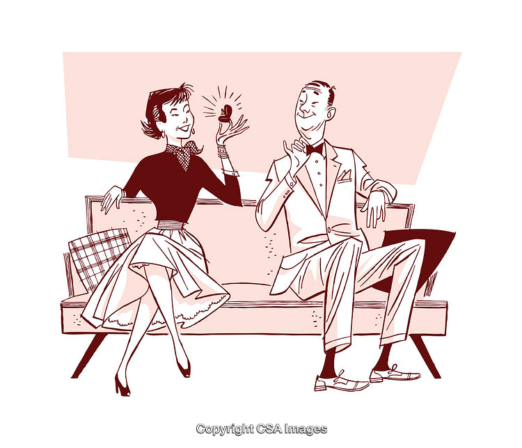 Stylized Illustration of a Couple Smiling and Interacting on a Couch