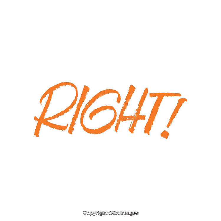 Bold Handwritten Text Saying 'Right!' in Vibrant Orange on White