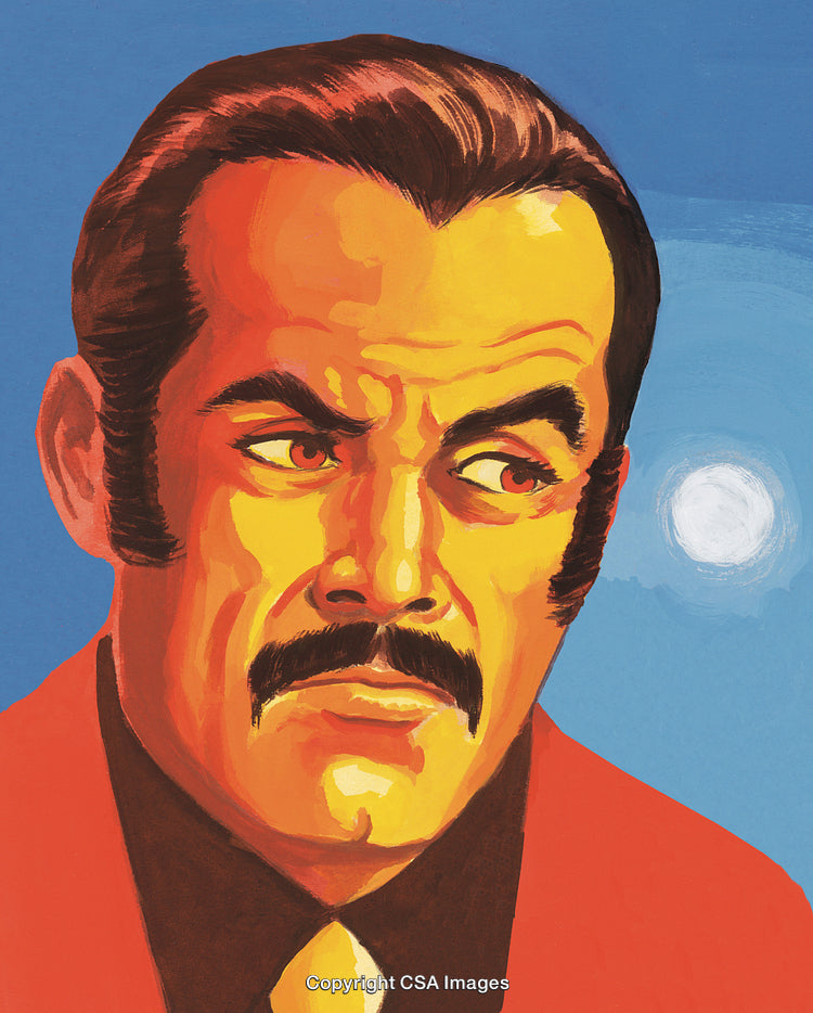 Vibrant Retro Illustration of a Man With Intense Expression and Mustache