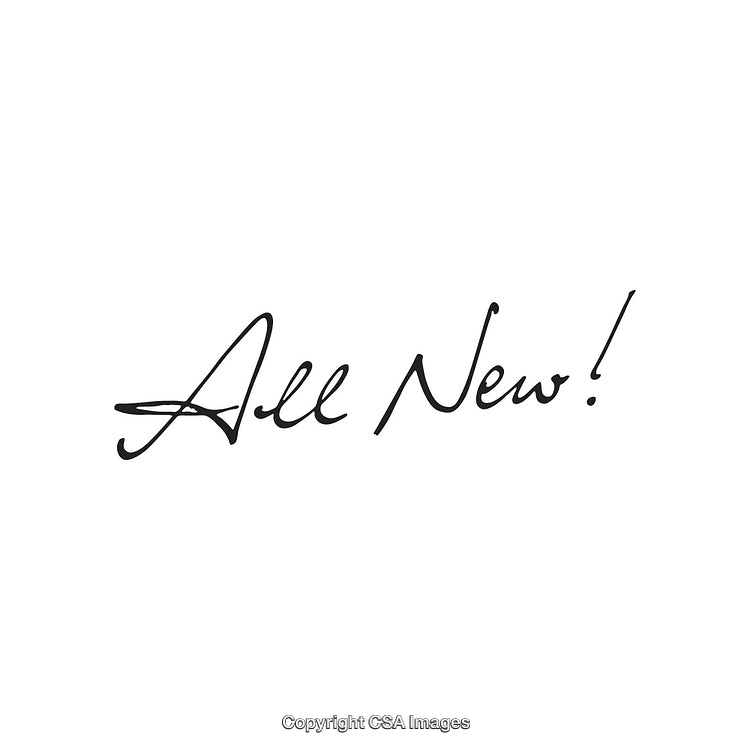Handwritten Calligraphy Text 'All New!' in Black on White Background