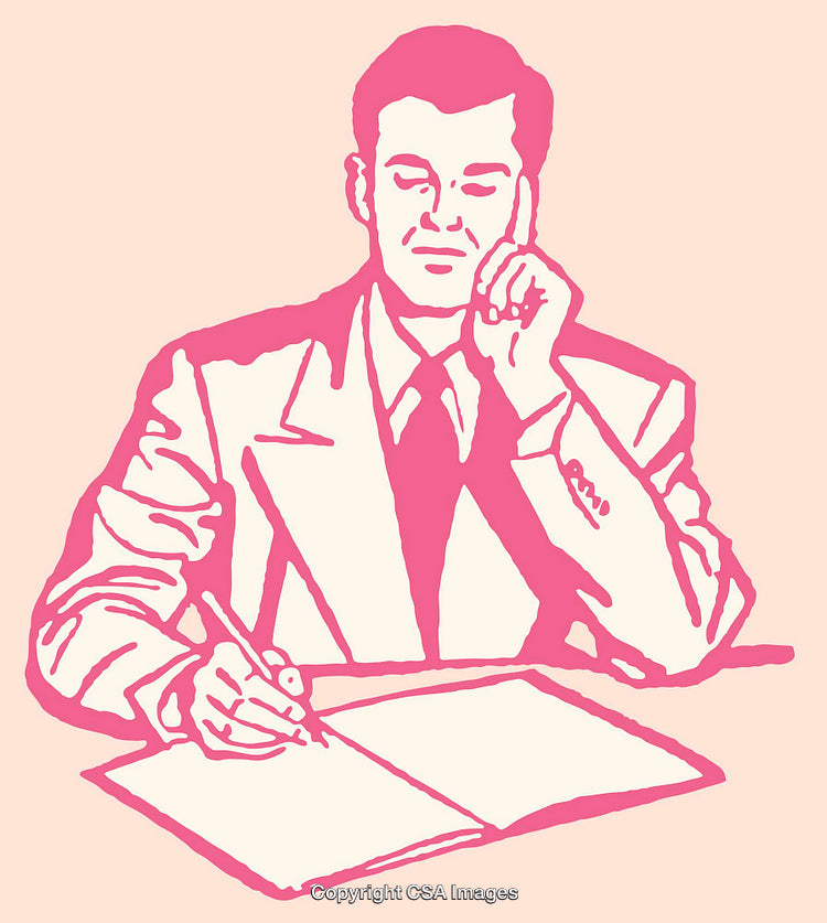 Monochrome Illustration of Man Writing and Reflecting at Desk