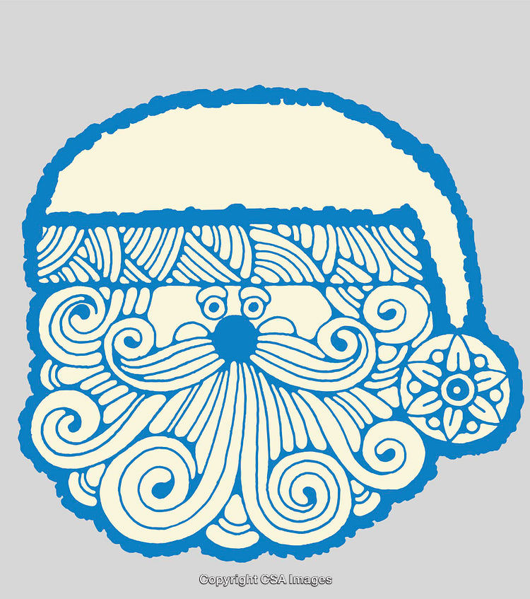 Artistic Blue and Beige Santa Claus Illustration with Festive Details