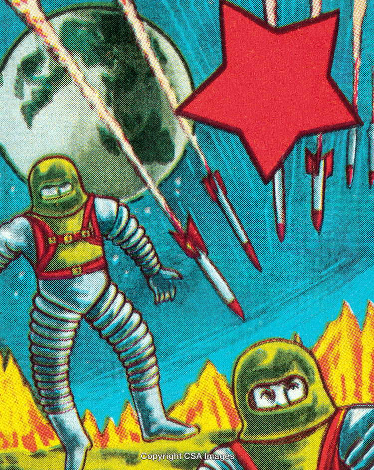 Retro Space Illustration Featuring Astronauts, Stars, and Earth's Horizon