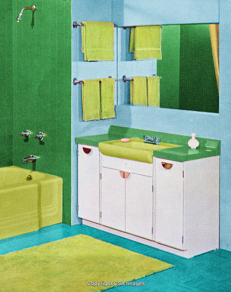 Retro Style Bathroom with Vibrant Colors and Vintage Decor Elements