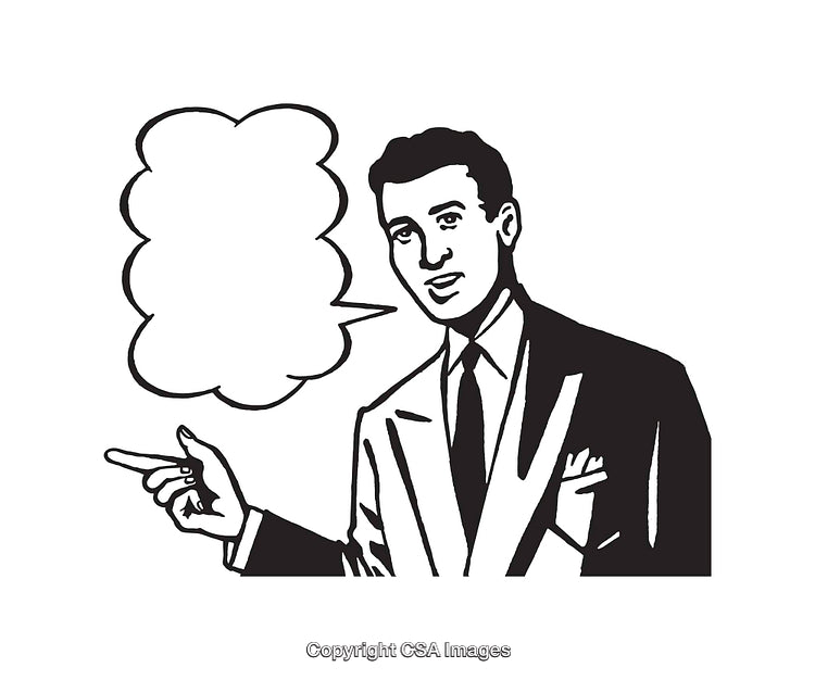 Vintage Line Art Businessman With Speech Bubble and Pointing Gesture
