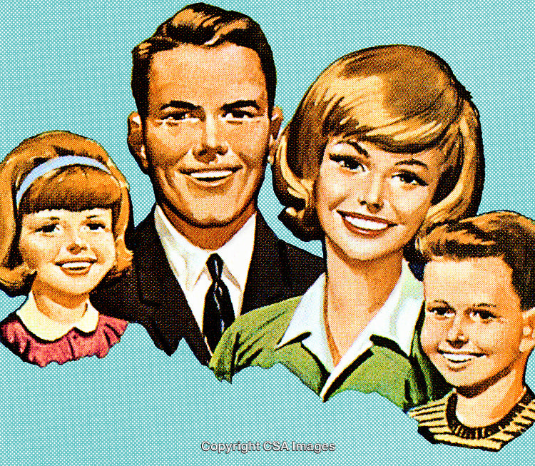 Brightly Illustrated Portrait of a Smiling Mid-Century Family