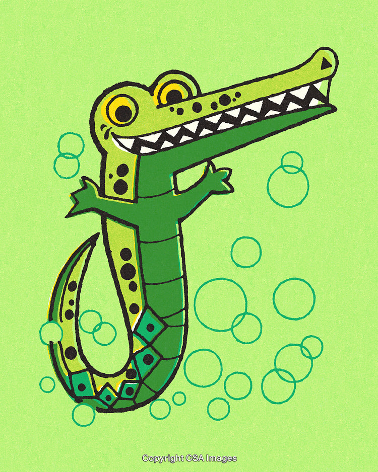 Friendly Cartoon Crocodile Amid Bubbles on a Bright Green Background